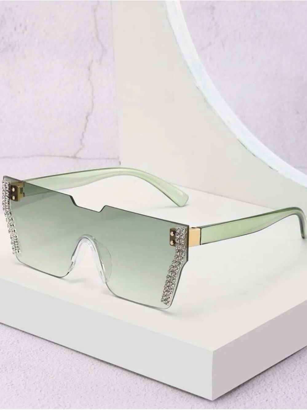 Rhinestone Accent Shield Sunglasses - Light Green